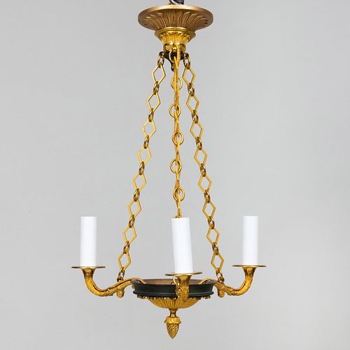Empire Style Gilt and Patinated Bronze Three-Light Chandelier