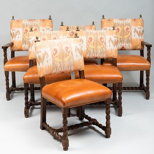 Set of Six Baroque Style Oak Upholstered Dining Chairs