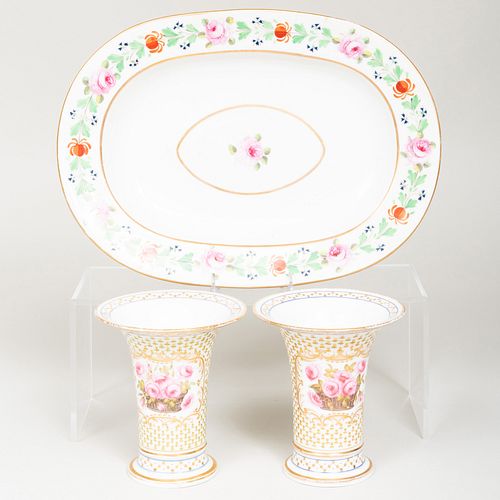 English Porcelain Platter and a Pair of Spill Vases