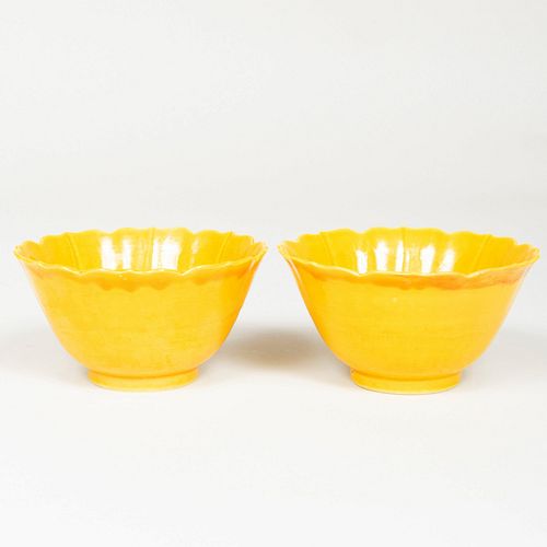 Pair of Chinese Yellow Glazed Porcelain Lotus Form Bowls