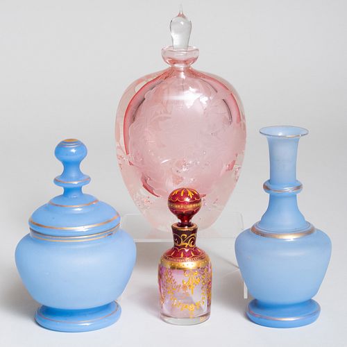 Group of Colored Glass Scent Bottles and Table Articles