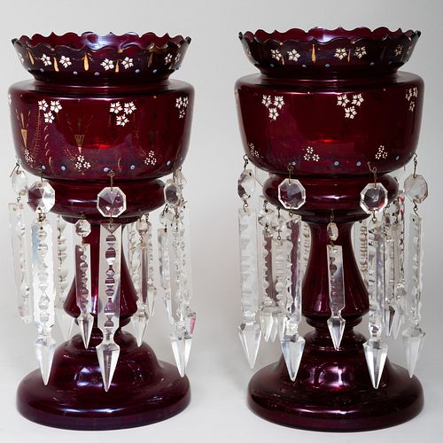 Pair of Victorian Enameled Ruby Glass Lusters