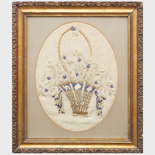 Late Regency Silk Embroidered On Linen Picture
