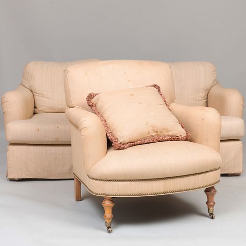 Group of Three Linen Upholstered Club Chairs