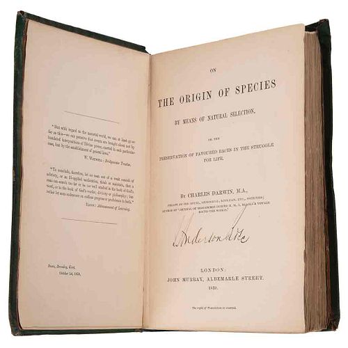 Darwin, Charles. On the Origin of Species. Primera edición / Carta Dirigida al Dr. Ogle y Sobre Firmados por Charles Darwin. Piezas: 3