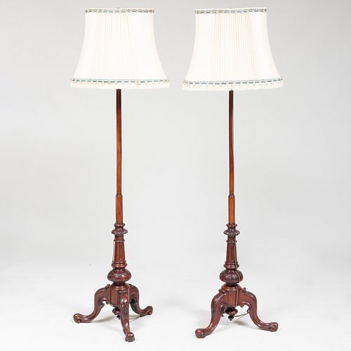 Pair of English Carved Mahogany Floor Lamps, of Recent Manufacture