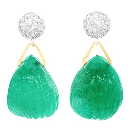 Huge Carved Emerald and Diamond-set Gold Earrings