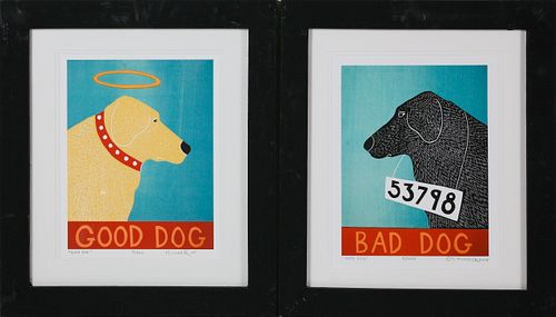 Pair of Stephen Huneck Silk Screens, "Good Dog" & "Bad Dog"