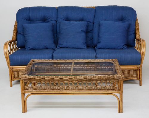 Braxton Culler Rattan Sofa and Glass Top Coffee Table