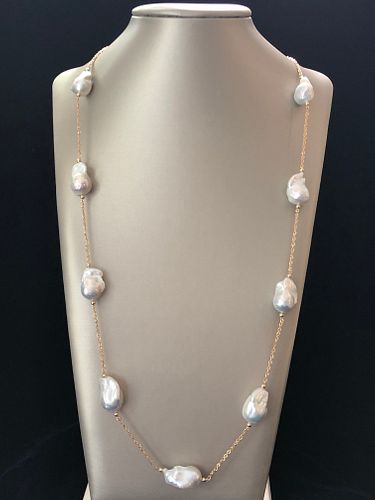 Fine 14k Yellow Gold and White Baroque Pearl Necklace