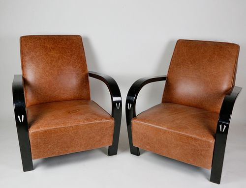Pair of Art Deco Style Leather and Ebonized Open Armchairs, 20th Century