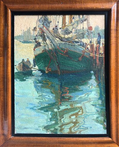 Ruth Haviland Sutton Oil "Green Hulled Fishing Boat Docked in Nantucket"