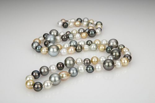 Fine White, Gold, and Grey Tahitian South Sea Pearl Multi-Color Cocktail Necklace with 18K White Gold Clasp