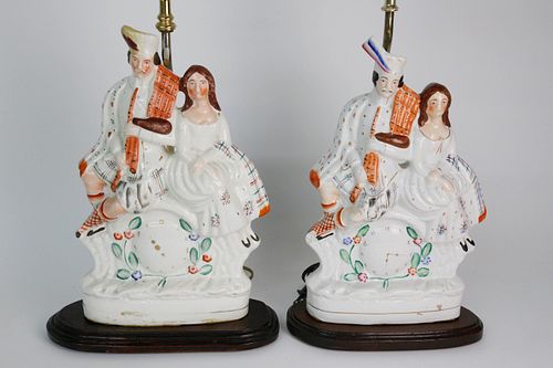 Pair of Staffordshire Figural Courting Couples Lamps, 19th Century