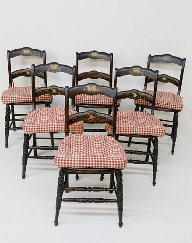 Six Country Decorated Caned Seat Chairs, 19th Century