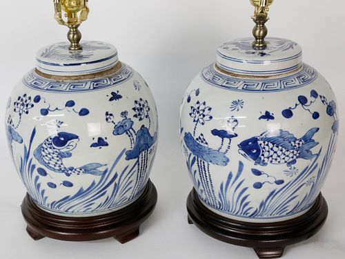 Pair of Blue and White Canton Style Ginger Jar Lamps