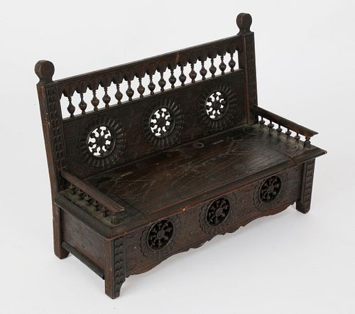 Miniature French Carved Walnut Lift Seat Settle Bench