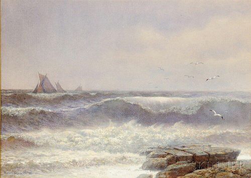 Henry Pember Smith (American, 1854-1907)      Ocean View with Ships Under Sail