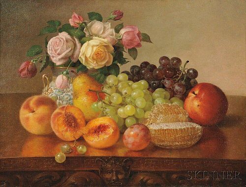 Robert Spear Dunning (American, 1829-1905)      Still Life with Fruit, Roses, and Honeycomb