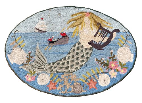 Claire Murray Oval Hooked Rug "Mermaid and Approaching Sailors"