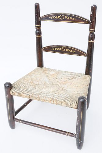 Paint Decorated Rush Seat Ladder Back Dolls Chair, 19th Century