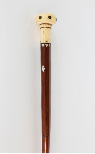 Whaleman Made Inlaid Mahogany and Whale Ivory Mushroom Cap Grip Walking Stick, circa 1850