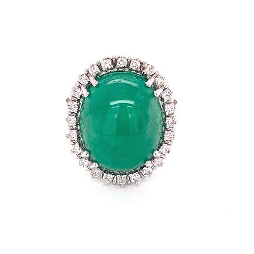 14K Cabochon Emerald Rosette Diamond Ring