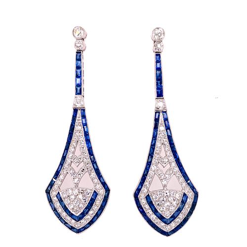 Art Deco Platinum Sapphire Diamond Earrings