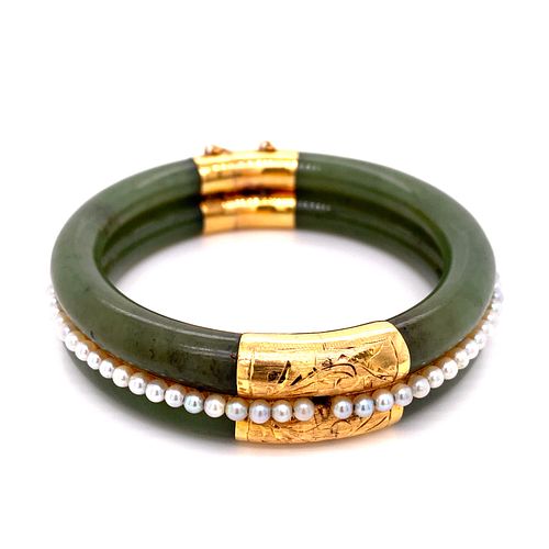 14K Jade & Pearls Bangle BraceletÊ