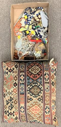Lot of jewelry to include Georg Jensen silver floral pin, enameled butterfly coaster, costume, etc. along with one bagface pillow.