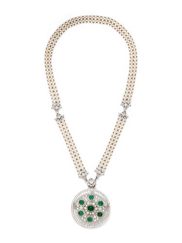 EDWARDIAN, EMERALD, DIAMOND AND SEED PEARL CONVERTIBLE PENDANT/NECKLACE