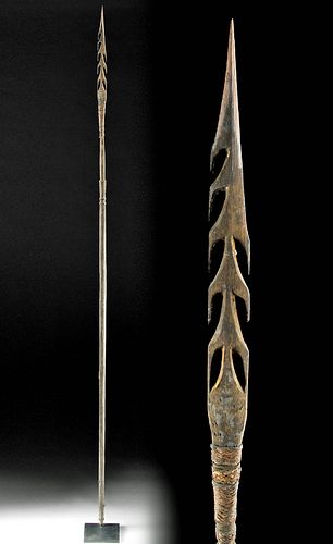 20th C. Indonesian Asmat Wood & Rattan Barbed Spear