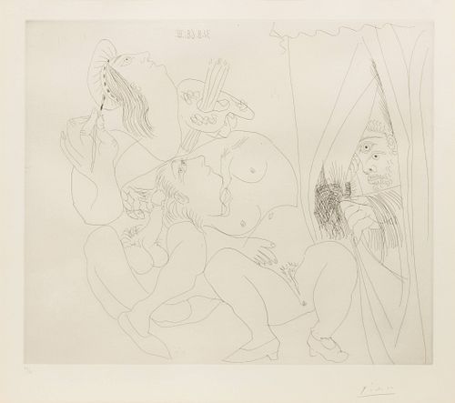 Pablo Picasso
(Spanish, 1881-1973)
Raphael et la Fornarina. V: Avec voyeur ecartant le rideau (pl. 300 from the 347 Series), 1968