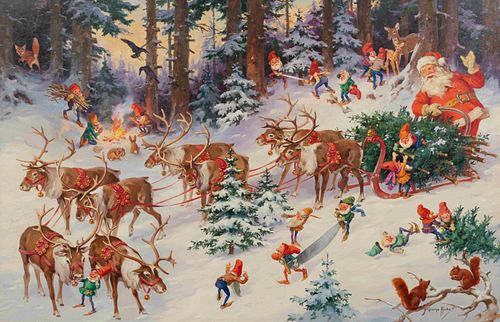 George Hinke
(German/American, 1883-1953)
Santa and His Elves Gathering Trees in His Sleigh