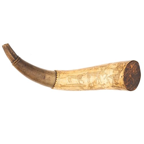 Jonathan Hunton's Revolutionary War Powder Horn with Engraved Folk Styled Animal Scenes Identified to Jonathan Hunton of Milford, New Hampshire