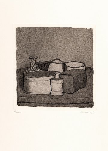 Giorgio Morandi (Bologna 1890-1964)  - Still life with four objects and three bottles, 1956