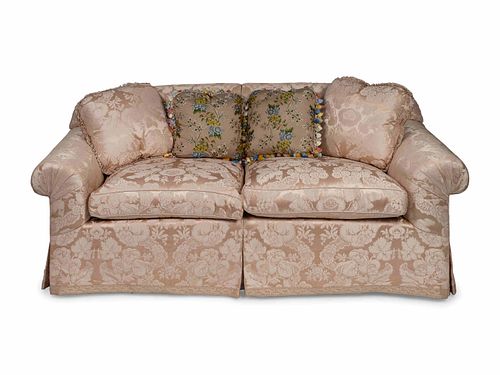 A Pair of Contemporary Damask Upholstered Settees
Height 30 x length 75 x depth 35 inches.