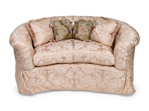 A Contemporary Damask-Upholstered Settee
Height 30 x length 60 x depth 38 inches.