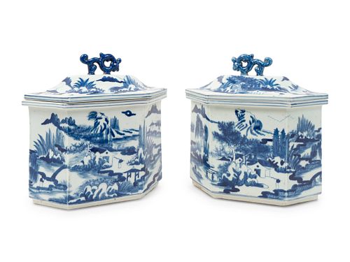 A Pair of Chinese Blue and White Porcelain Hexagonal Covered Jars
Height 10 1/2 x length 10 x depth 6 inches.