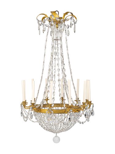 A Neoclassical Gilt-Bronze, Tole and Glass Twelve-Light Chandelier
Height 51 x diameter 30 inches.