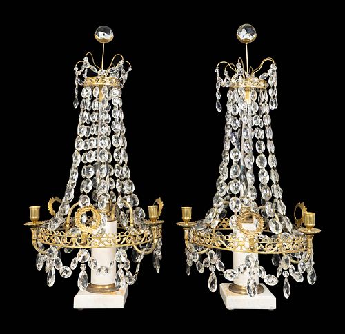 A Pair of Continental Neoclassical Style Gilt-Metal and Marble Candelabra
Height 19 3/4 x diameter 15 inches.