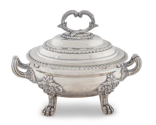 A George IV Silver Sauce Tureen and Cover
Height 6 1/4 x width 8 1/2 x depth 5 inches.