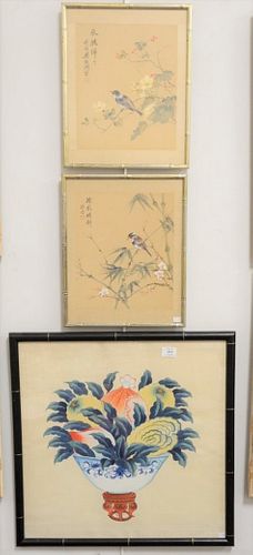 Ten piece framed group to include a set of four Chinese watercolor on silk landscapes; watercolor on paper birds; pair of embroidered clothes; pair of