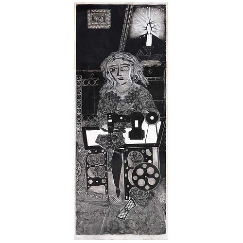 ANTONIO BERNI, Ramona Montiel costurera, 1962, Signed and dated 64, Xillocollage 24 / 25, 55.5 x 21.2" (141 x 54 cm)
