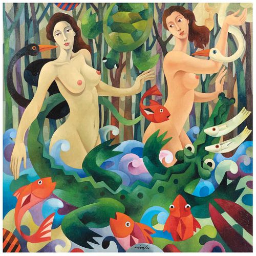 DIVAL, Las ninfas del agua, Signed and dated 06 on front, Signed and dated 2006 on back, Oil on canvas, 47.2 x 47.2" (120x120 cm), Certificate