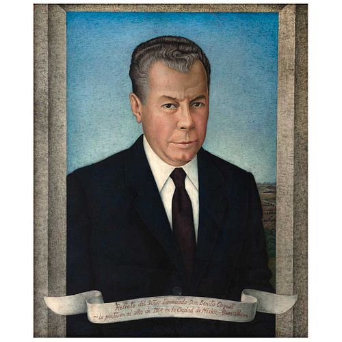 JUAN O'GORMAN, Retrato del Señor Licenciado Don Benito Coquet, Signed and dated, Ciudad de México 1964, tempera/canvas/masonite, 26.3 x 22" (67x56cm)