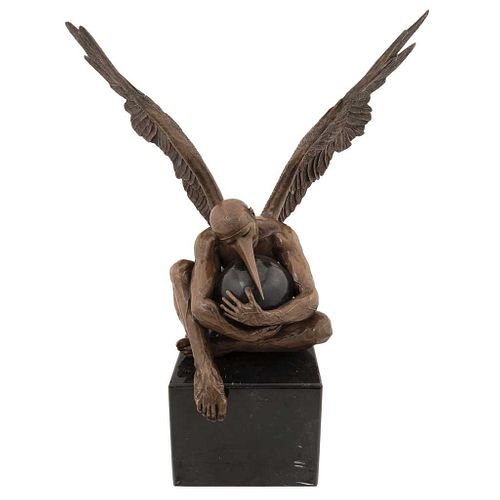 JORGE MARÍN, Ángel grabado, Signed and dated 18, Bronze sculpture 2/8 on marble base, 31.4 x 28.3 x 14.1" (80 x 72 x 36 cm), Certificate