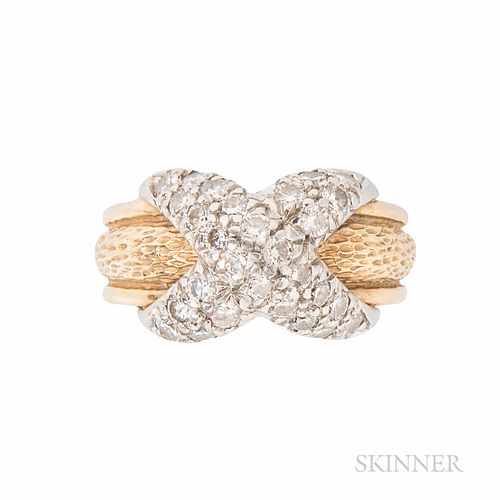 Tiffany & Co., Schlumberger, 18kt Gold, Platinum, and Diamond "Pave X" Ring, size 5 3/4, signed, boxed.
