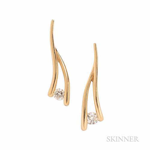 14kt Gold and Diamond Earrings, set with full-cut diamonds, approx. total wt. 0.90 cts., 3.9 dwt, lg. 1 1/2 in.