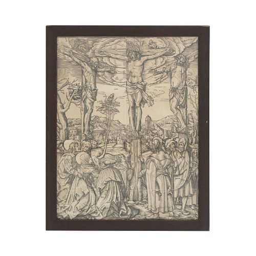 Anónimo. La crucifixión en el Monte Gólgota. Escuela flamenca. Grabado. Enmarcado. 84 x 65 cm